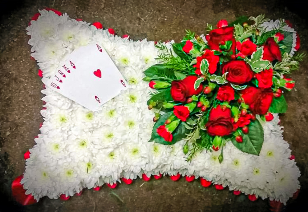 Blocked Cushion, Red, White, Playing Cards, Funeral, Fresh Flowers
